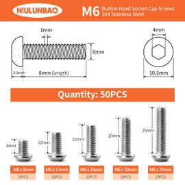 NIULUNBAO M6 x 8mm 12mm 16mm 20mm 25mm Button Head Socket Cap Screws Bolts 304 Stainless Steel Metric Allen Hex Drive, Machine Fully Threaded, Assortment Kit 50PCS