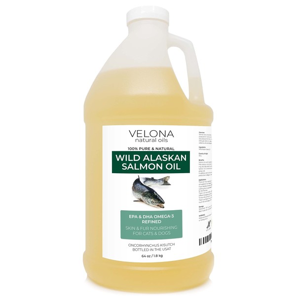 Velona Wild Alaskan Salmon Oil - 64 oz | 100% Pure Refined Oil | for Dogs & Cats - Supports Joint Function | Omega 3 Liquid Food Supplement for Pets - Natural EPA + DHA Fatty Acids for Skin & Coat