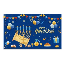 Happy Hanukkah Banner Hanukkah Party Background Decoration 180 * 110cm 4 Brass Buttons Blue for Hanukkah Decoration Shining Menorah Theme Party Shooting Background