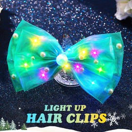 Christmas Light Up Bow Clips Xmas Hair Barrettes LED Neon Costume Hair Accessories for Women (J-Green)