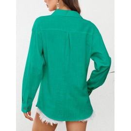 Green Button up Shirt Women Long Sleeves Flax Cotton Resort wear Loose fit Fashion Boho Gauze Boyfriend Fall Clothing Beautiful Woven Formal Business Western Uniform Beach Emerald Teal Green Size M