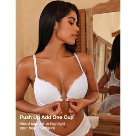 Deyllo Women's Push Up Front Closure Bras Underwire Racerback Lace Bra Padded Plunge Add One Cup (White,34B)