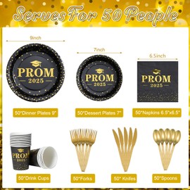 Graduation Party Supplies Plates and Napkins Serve 50,Prom Send off 2025 Disposable Paper Plates and Napkins Set Cups Knives Spoons for Class of 2025 Graduation Party Decorations Black and Gold