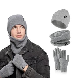 Nenkarn Mens Hat Scarf and Gloves Set, 3 in 1 Winter Thermal Hat Gloves Neck Warmer Set Thick Fleece Touchscreen Glove Knitted Cap Cold Weather Accessories Sets (Dark Gray)