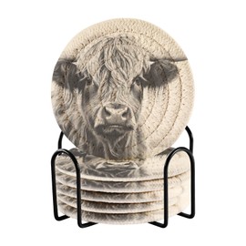 Msyxl Vintage Highland Cow Drink Coasters Set - 6 Pcs Minimalist Woven Coasters with Holder for Home Decor, 3.94 Inch Absorbent Coasters for Drinks