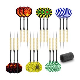 Yoljun 18 Pack Steel Tip Darts, Premium Plastic Shafts Professional Darts Set Dart Set for Beginner or Professional with 6 Style PET Flights and Dart Sharpener