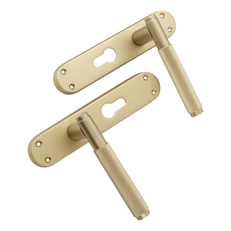 Infinity Decor Satin Brass Knurled Euro Lever Lock Door Handle