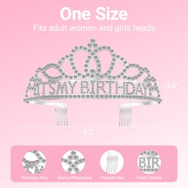 Papoopy Birthday Tiara and Crown with Sash, Birthday Tiara for Women Party Silver