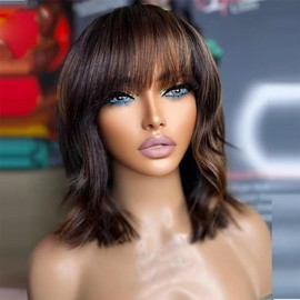 Natural Wavy Short Bob Human Hair Highlight Wigs with Bangs 1B/30 Ombre Brown Human Hair Glueless Bangs Wig Bleached Knots 13X4 HD Transparent Lace Front Wigs Brazilian Hair 150% Density 12Inch