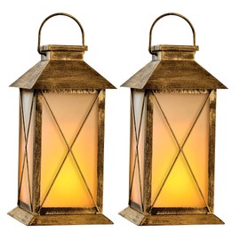 2 Pack Solar Lantern with Flickering Flame Candle, 13" Outdoor Waterproof Solar Lanterns Garden Decorative, Glass Hanging Lantern Metal for Outdoor Patio Yard Tabletop Decoration, Bronze-Cross