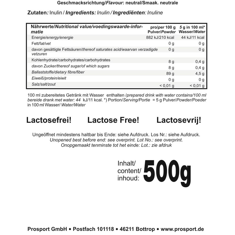 Prosport Inulin 500 g bag, fibre from chicory root