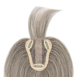 TESS Real Human Hair Topper for Women Clip In Bangs Handmade Lace Base 3 Clips Enhanced Coverage Stylish & Comfortable 8×10cm, 14 Inch, Grey