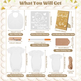 Pydeeirom 201 Pcs Baby Shower Set Baby Shower Game Sign Baby Bib Bodysuit White Baby Bib Newborn Bodysuit Baby Shower White Decorating Kit(Kraft)