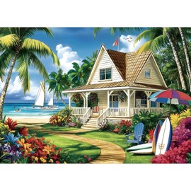 Beach House Paradise 1000 Piece Jigsaw Puzzle for Adults - Tropical Ocean Scene with Palm Trees, Sailboats & Coastal Cottage - Challenging Puzzle Games, Summer Beach Landscape, Nature Scenery Art