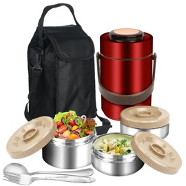 SSAWcasa Thermos for Hot Food, 3 Layered 67oz Adult Stackable Food Jar, Insulated Wide Mouth Sealed Soup Container w/Lunch Bag Cutlery, Stainless Steel Travel Bento Lunch Box for Office Outdoor Meal