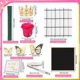 Ovveroche 36 PCS Glitter Roses Bouquet Kit, Hot Pink Sparkling Flower Arrangement with Stems, Butterflies, Crown, Wrapping Paper, Card, Ribbon for Wedding, Mother’s Day, Birthday, DIY Crafts