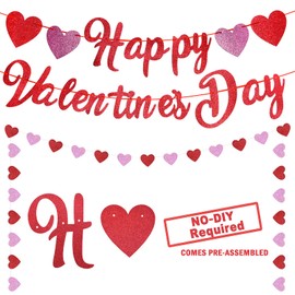 Gistome Happy Valentine's Day Banner - Red Pink Glitter Valentine Banner Sign with Hearts Garland, NO DIY Required, Valentine's Day Outdoor Indoor Home Hanging Decorations