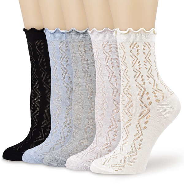 ZANZER (5 Pairs) Ruffle Mesh Crew Socks - Breathable Thin