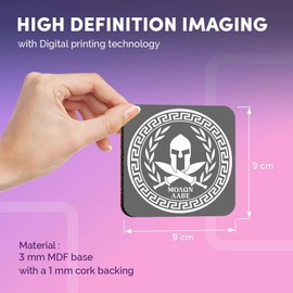 Destination Vinyl ltd Great Coasters (Set of 4) Square - BW - Greek Spartan Shield Greece Acropolis Drink Glossy Coasters/Tabletop Protection for Any Table Type #40086