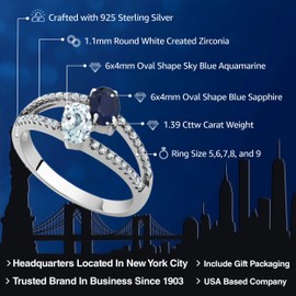 Gem Stone King 925 Sterling Silver Blue Sapphire and Sky Blue Aquamarine 2 Stone Ring For Women (1.39 Cttw, Gemstone Birthstone, Available In Size 5, 6, 7, 8, 9)