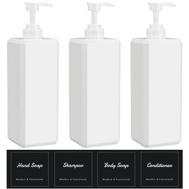 Suream 33.8 oz Refillable Pump Dispenser Bottle, 3Packs Large Shower Bottle Organizer with 4PCS Lables for Shampoo, Body Soap, Hand Soap, Conditioner, for Bathroom, Kitchen, Hotel, Salon, SPA
