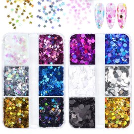 Sequins, Holographic Round Pentagram, 2 Types, Random Mix, Case Included, Nail Parts, Glitter, Nail Art, Handmade, Gel Nails, Decorations, Parties, Self Nails, Gorgeous (Round + Pentagram)