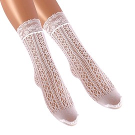 Generic Lace Socks for Women | White Crew Mid-Calf Socks with Lace Trim