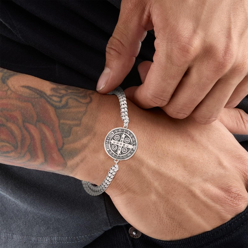 DOTBJ 925 Sterling Silver St Benedict Medal Bracelet for Men