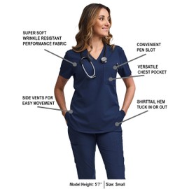 Green Town Scrubs for Women - Tuck-In V-Neck Scrub Top, Stretch Fabric, Lightweight, Easy Care-Navy/Indigo-Large