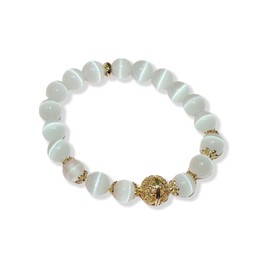 White Cat's Eye Opal Bracelet with Fortune Orb - 8 mm Round Crystal Beads - Stretch to Fit Bracelet - Handcrafted for Men and Women for Protection, Clarity, and Balance