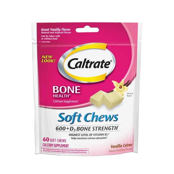 Calcium and Vitamin D3 Supplement Soft Chews, 600mg (Vanilla Crème Flavor, 60 Count)