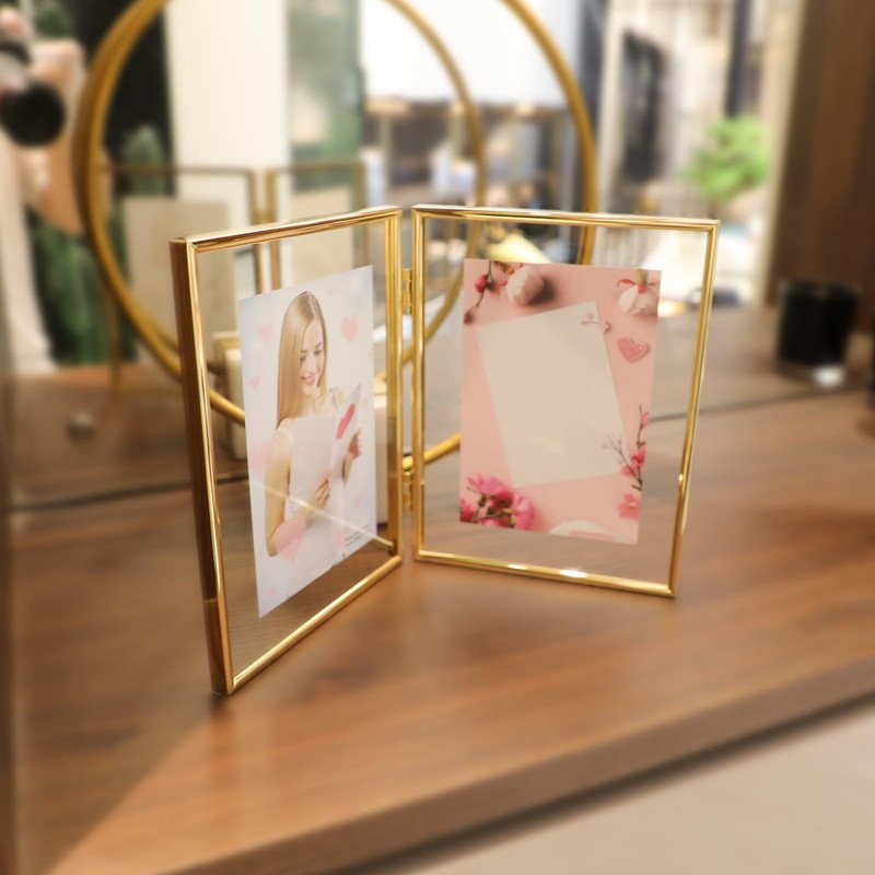 AhaGo Folding Dual Frame, Gold Floating Picture Frame, 6"×8", Vertical,