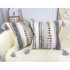 NUYECY Boho Throw Pillow Covers 16x16 Aesthetic Neutral Boucle Couch Pillow Cover Rainbow Striped Decorative Accent Pillow Case for Couch Bed Sofa Farmhouse,Modern Funky,Set of 2 Brown-Grey