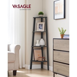 VASAGLE Corner Shelf Stand, 4-Tier Corner Bookshelf, Industrial Ladder Shelf, Plant Stand for Living Room, Office, Kitchen, Charcoal Gray and Matte Black ULLS034B22