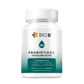 BIO B ǀ Probióticos con 100 Billones UFC + Prebióticos ǀ 30 Cápsulas Veganas