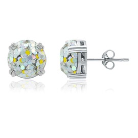 925 Sterling Silver Faceted Glitter Round Stud Earrings for Women, 10mm (White Glitter - Silver)