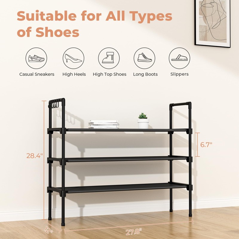 LANTEFUL 3 Tier Shoe Rack with 5 Hooks for Closet,