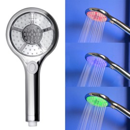 JINYOMFLY Shower Head LED 3 Colours, 3 Shower Modes, LED Colour Changing Temperature, 12.5 cm Hand Shower Head with LED Lighting