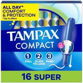 Tampax Compact Pearl Tampons, with LeakGuard Braid & Extendable Applicator, Super Absorbency, Compact Extendable Applicator, Unscented, 16 Count (Packaging May Vary)