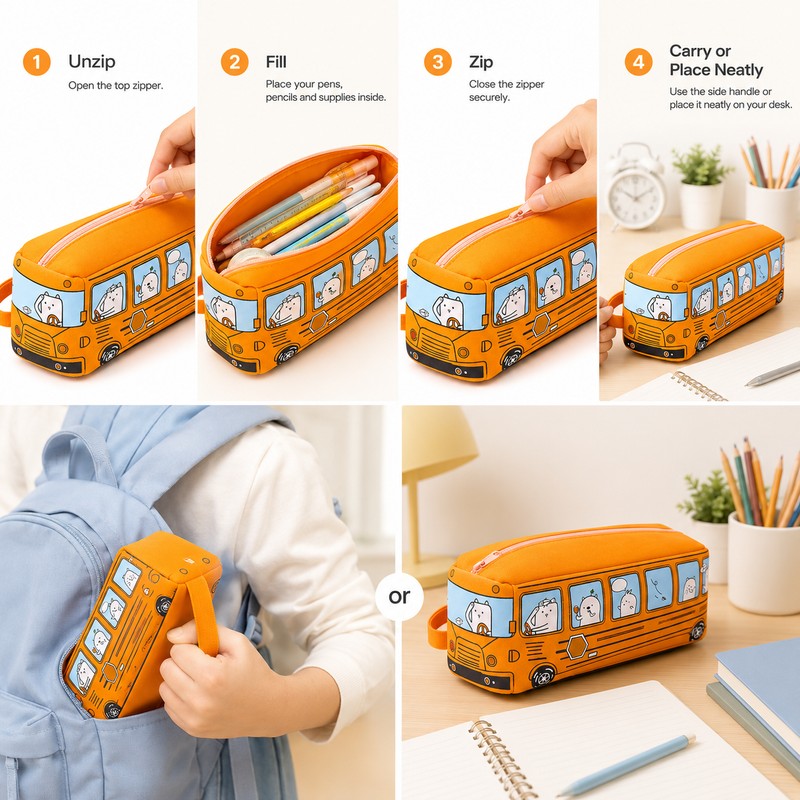 School Bus Pencil Case for Students – Large Capacity Cartoon