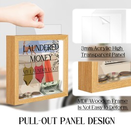 Laundry Room Decor, Photo Frame Change Jar with Money Slot, Funny Laundered Money Theme Design, Farmhouse Style Laundry Room Organization Accessories for Coin Storage, 8''x8'' (Wood Color)