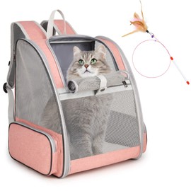 Cat Backpack Carrier, Large Pet Backpack with Kitten Wand Feather Toy for Medium Small Dog Cat Puppy Kitty Bunny up to 15lbs, Ventilated Mesh Dog Travel Carrier for Hiking Walking Outdoor Use (Pink) | SSAWcasa