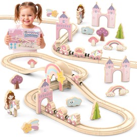 Wooden Train Set for Toddlers – 39 Pcs Unicorn Wooden Train Track Toy for Girls, Fantasy Toddler Toys for 3 4 5 Year Old Girls, Ideal Christmas Birthday Gift for 3-5 Girl
