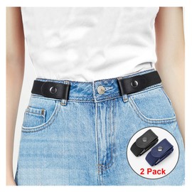 WHIPPY 2 Pack Buckle Free Comfortable Elastic Belt for Women or Men, Buckle-less No Bulge No Hassle Invisible Belts (Black Blue, Fit Pants Size 32-48 Inches)