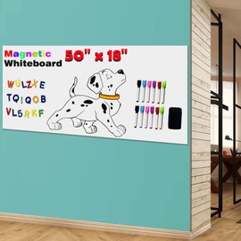 LACQWO Magnetic Dry Erase Whiteboard Paper for Wall 50" x 18" Self Adhesive White Board Sticker with 12 Magnetic Marker and Magnetic Eraser for Kids Office Home Whiteboard Wallpaper Peel and Stick