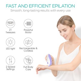 VOGOE Epilators Hair Removal for Women with 21 Tweezers & LED Light, 2 Speeds Cordless Epilator for Women, Electric Hair Removal Epilators Rechargeable for Arms & Legs, Purple HR110