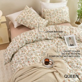 ECOCOTT Floral Duvet Cover Queen Size – 3 Piece 100% Washed Cotton Bedding Set with Zipper Closure, Soft Lightweight Breathable Botanical Print Comforter Cover for Spring Summer Bedroom Decor