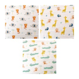 Ziggle - Set of 3 Savanna Animals Muslin Squares - Baby Essentials, Blanket, Swaddle, Wash Cloth Pack - Eco Friendly, New Mum
