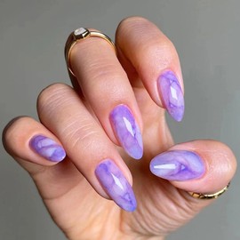 Vopintpy Purple Gradient Press on Nails Long Oval Fake Nails Glossy Almond Glue on Nails Reusable Acrylic Stick on Nails for Women DIY Manicure Decoration