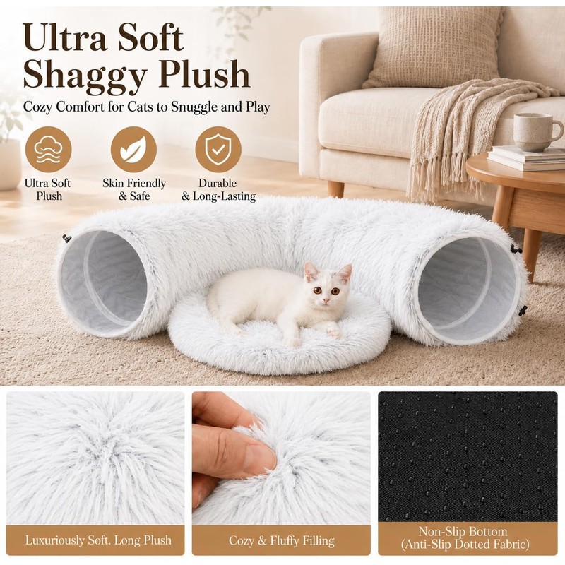 Fluffy Cat Tunnel Bed Under Christmas Tree, Plush Warm White